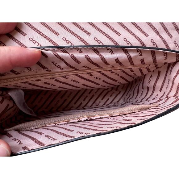 ALDO Satchel Beige & Taupe Straw Flap Bag with Melon Pink Twilly - Picture 5 of 9